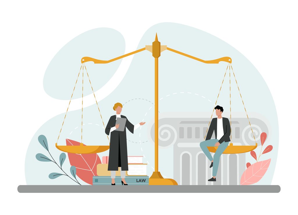 Ilustracja przedstawiająca kobietę trzymającą notes z klipsem oraz siedzącego mężczyznę, których postacie znajdują się po przeciwnych stronach złotych wag. Pod wagami leżą książki z napisem „Prawo”. W tle widoczne są liście i klasyczna kolumna budowlana.