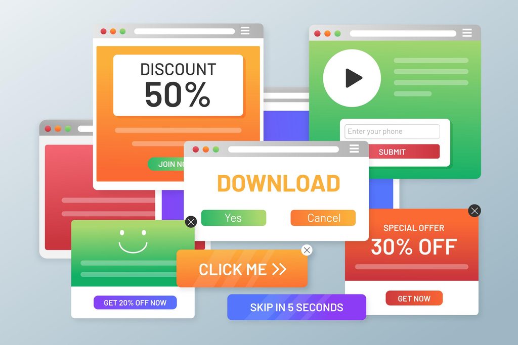Kolaż kolorowych wyskakujących okienek z przyciskami i reklamami, zawierających napisy takie jak „50% zniżki”, „Pobierz”, „Kliknij tutaj”, „Oferta specjalna – 30% zniżki” oraz pola wprowadzania danych, przedstawiający reklamy internetowe i komunikaty.